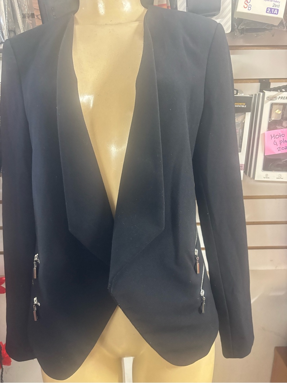 Vince Camuto Black Open-Front Draped Blazer with Zip Accents